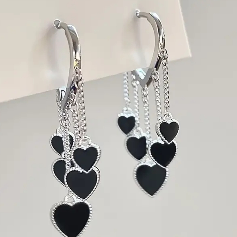 STERLING HOOPS WITH DANGLE BLACK ENAMEL HEARTS